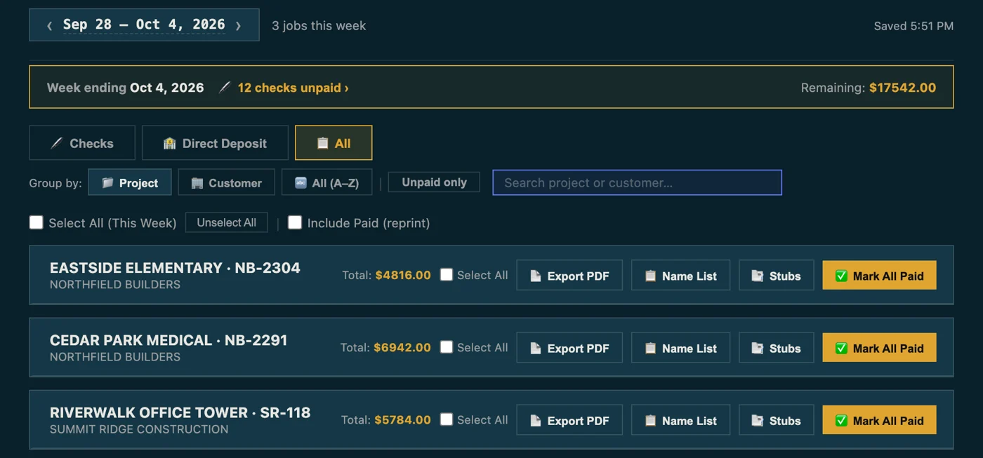 The Pay screen in Plantel, with each job ready to print checks.