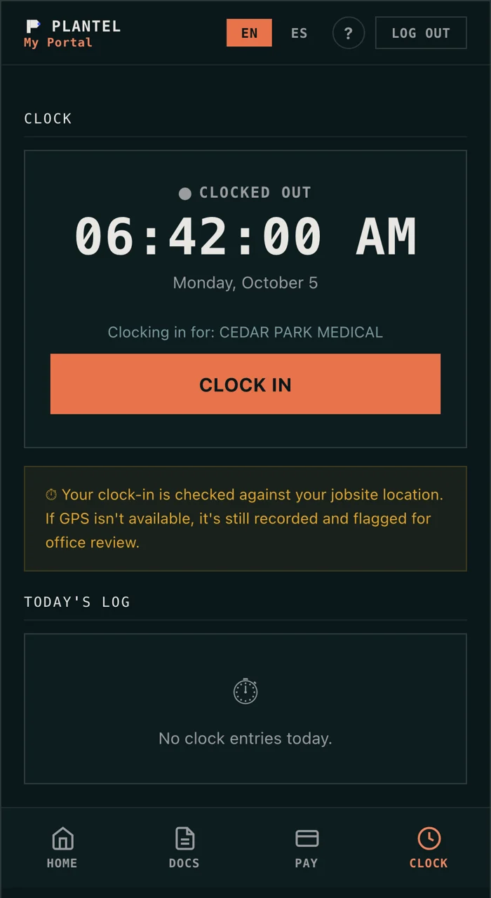 The Plantel worker portal on a phone, ready to clock in at the job site.