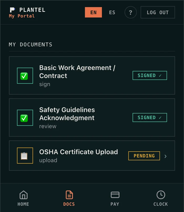 The documents screen of the Plantel worker portal on a phone, with signed and pending documents.
