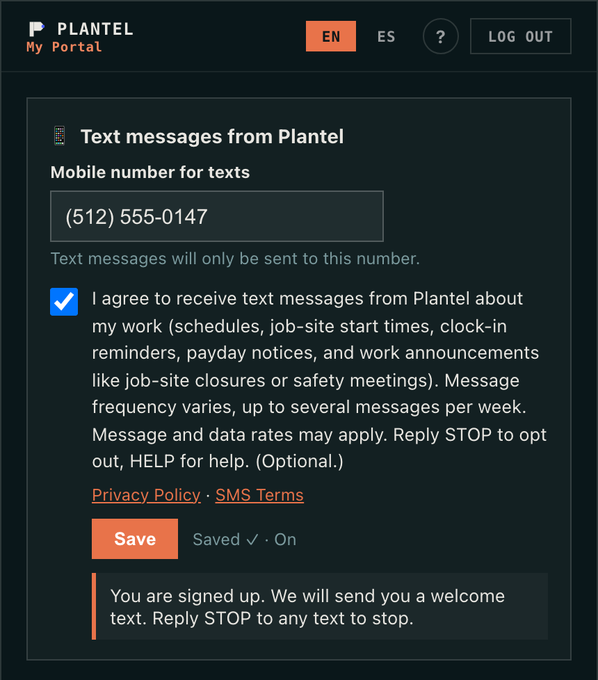 The worker portal after tapping Save: the box is checked and a confirmation is shown.