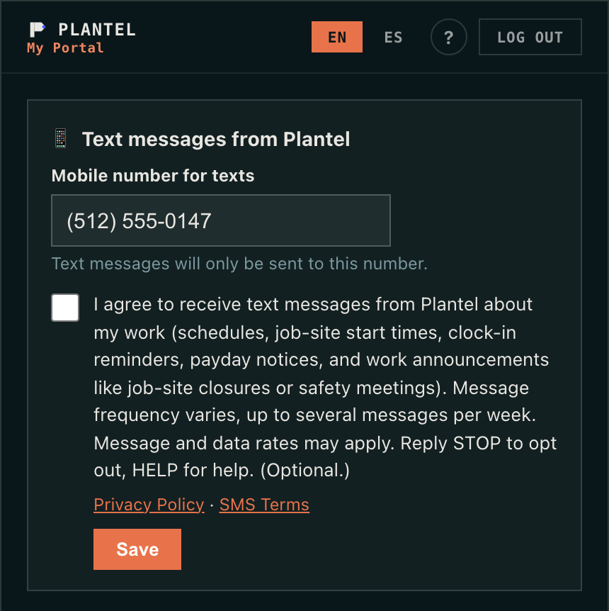 The "Text messages from Plantel" opt-in box in the Plantel worker portal. The box is not checked.